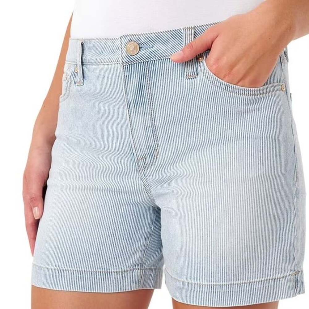 Seven7 Women's Blue and White Striped Denim Cuffed Shorts Size 6
